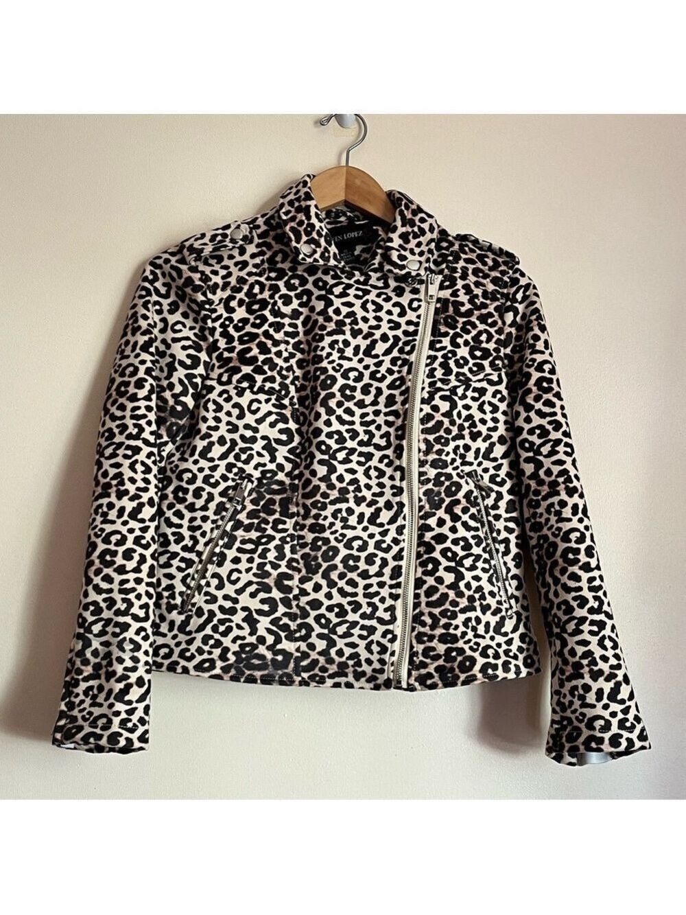 Colleen Lopez Leopard Print Moto Jacket 
 Cropped Zip Front Stretch XS